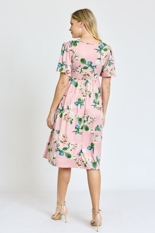 Women's Kimono Sleeve Floral Tea Length Dress