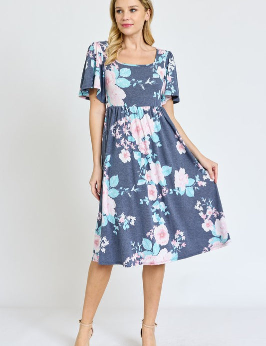 Women's Kimono Sleeve Floral Tea Length Dress