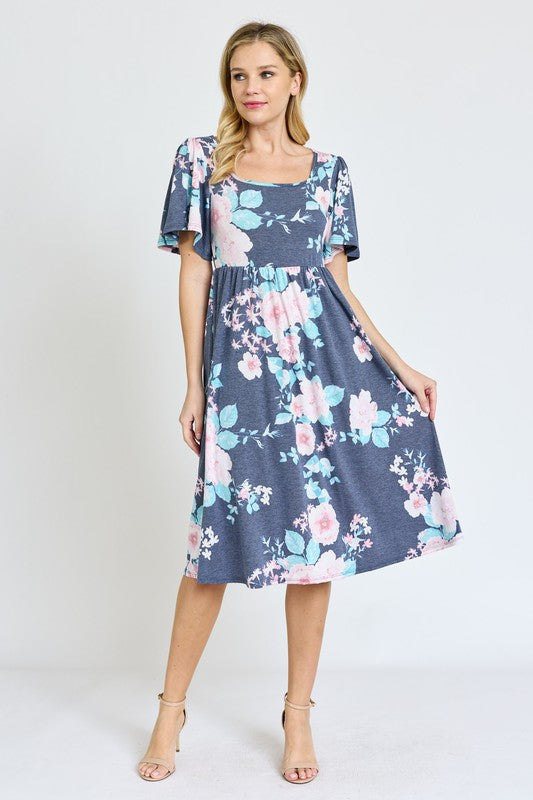 Women's Kimono Sleeve Floral Tea Length Dress