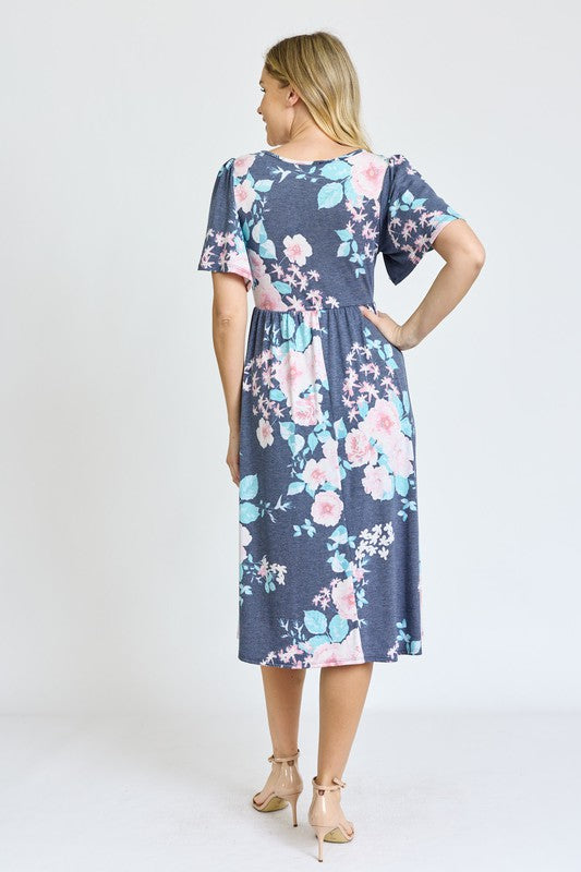 Women's Kimono Sleeve Floral Tea Length Dress