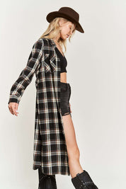 Women's Belted Plaid Print Long Shirt Dress