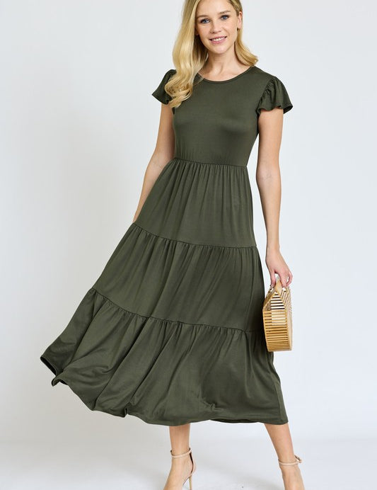 Women's Flutter Sleeve Tiered Tea Length Dress