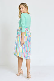 Women's Quarter Sleeve Stripe Midi Dress with Sash