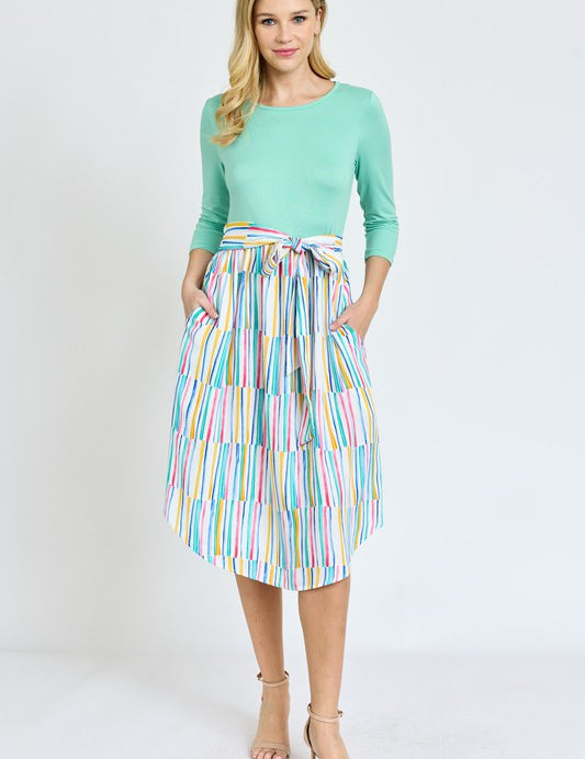 Women's Quarter Sleeve Stripe Midi Dress with Sash