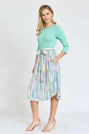 Women's Quarter Sleeve Stripe Midi Dress with Sash