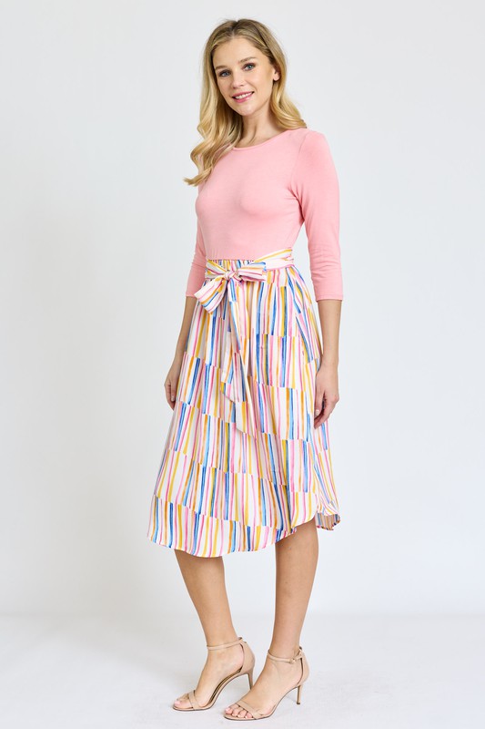 Women's Quarter Sleeve Stripe Midi Dress with Sash