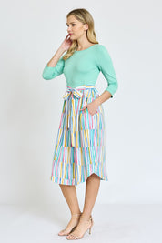 Women's Quarter Sleeve Stripe Midi Dress with Sash