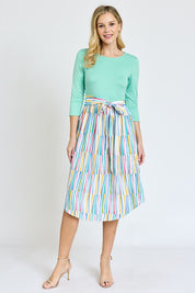 Women's Quarter Sleeve Stripe Midi Dress with Sash