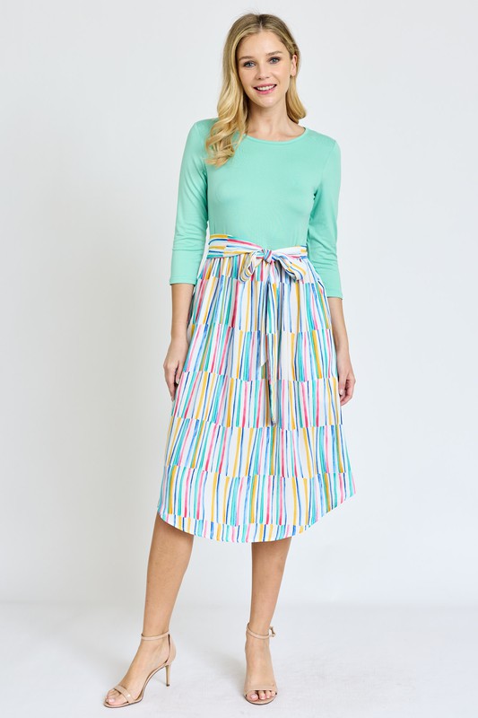 Women's Quarter Sleeve Stripe Midi Dress with Sash