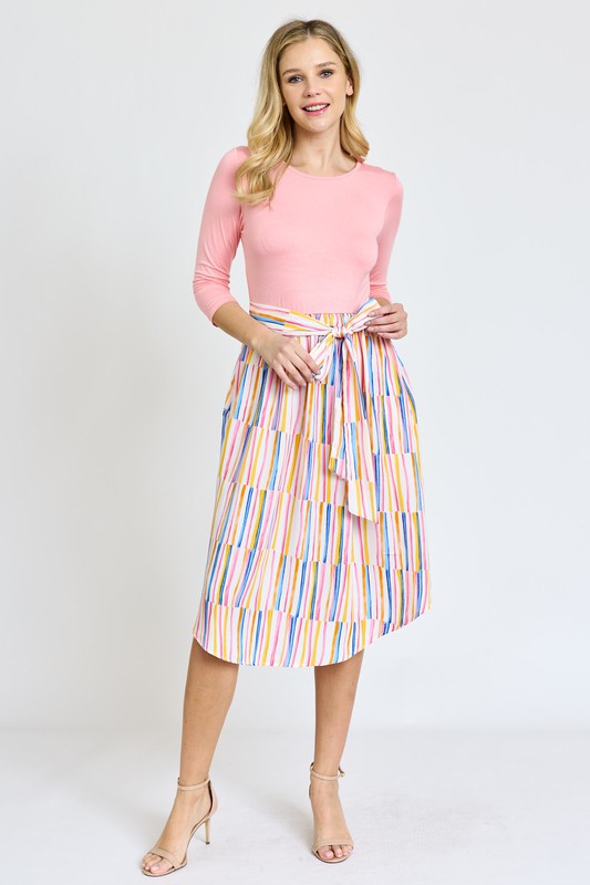 Women's Quarter Sleeve Stripe Midi Dress with Sash