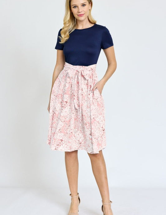 Women's Short Sleeve Floral Sash Midi Dress