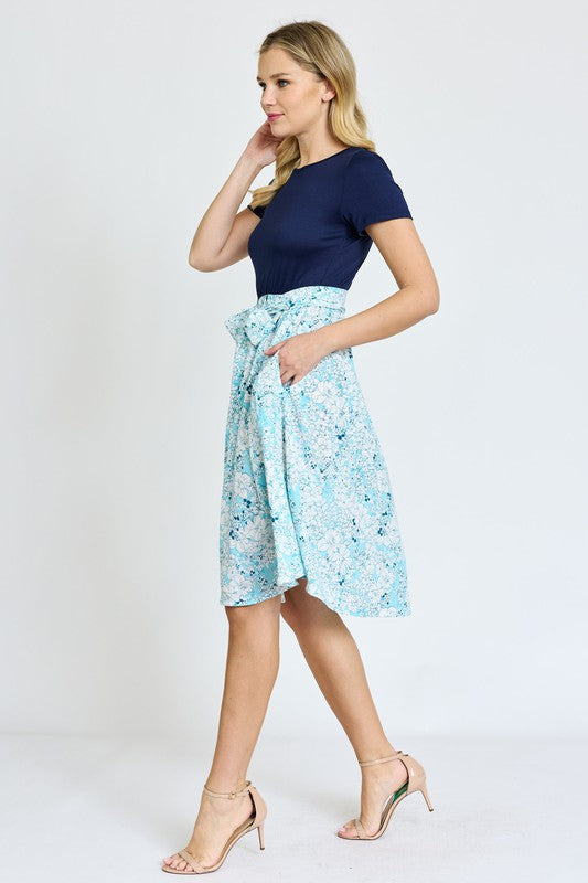 Women's Floral Sash Midi Dress with Short Sleeves