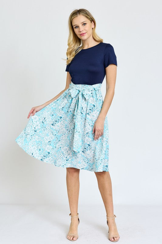 Women's Floral Sash Midi Dress with Short Sleeves