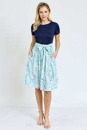 Women's Floral Sash Midi Dress with Short Sleeves