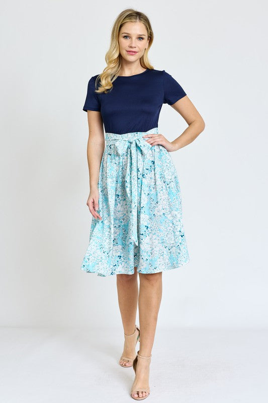 Women's Floral Sash Midi Dress with Short Sleeves