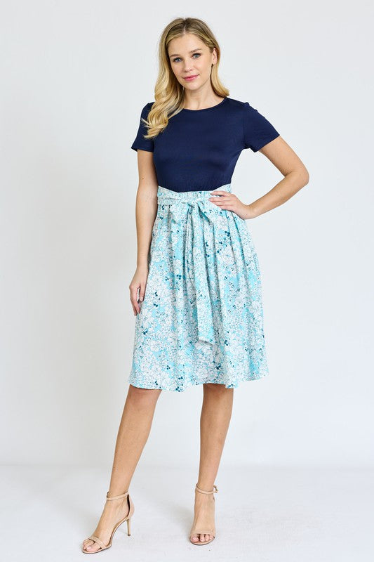 Women's Floral Sash Midi Dress with Short Sleeves