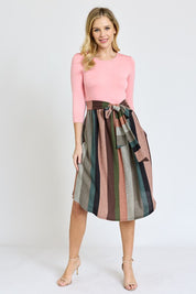 Women's Quarter Sleeve Striped Midi Dress with Sash