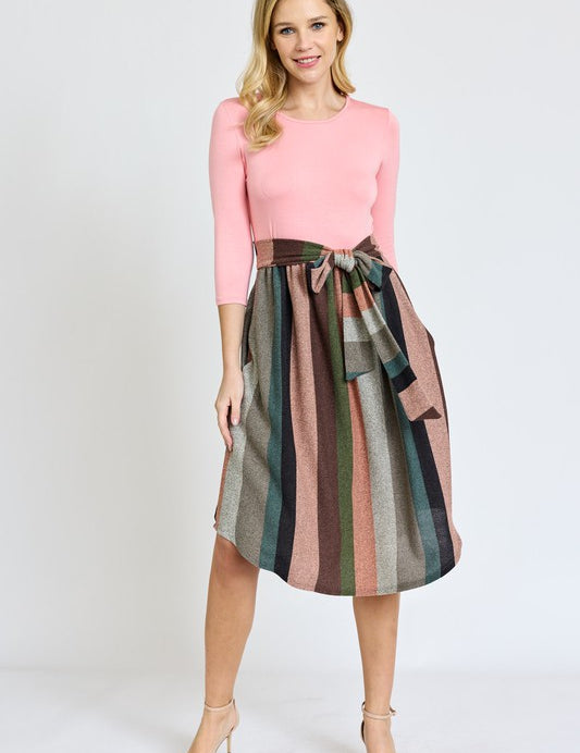 Women's Quarter Sleeve Striped Midi Dress with Sash