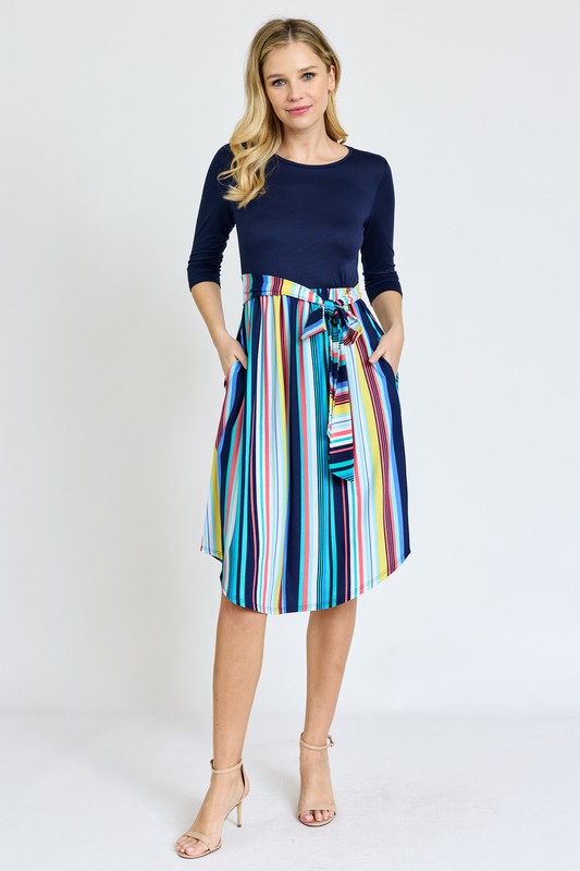 Women's Quarter Sleeve Multi Stripe Midi Dress