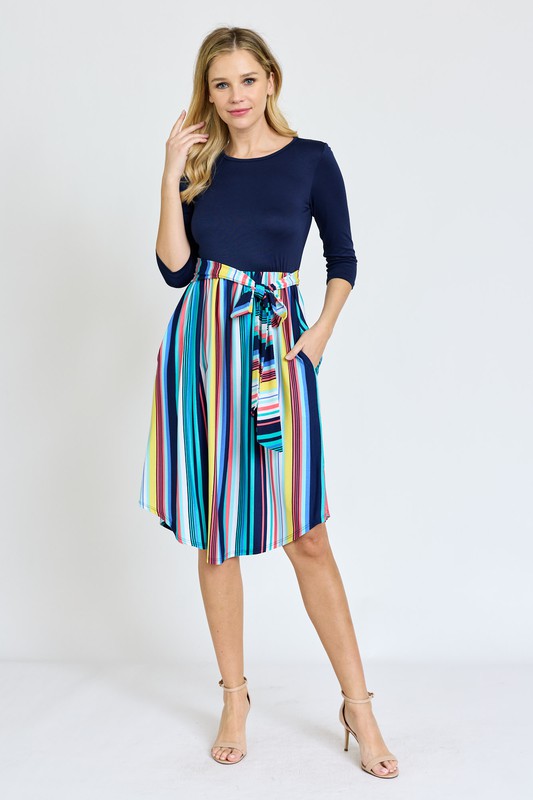 Women's Quarter Sleeve Multi Stripe Midi Dress