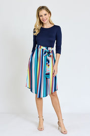 Women's Quarter Sleeve Multi Stripe Midi Dress