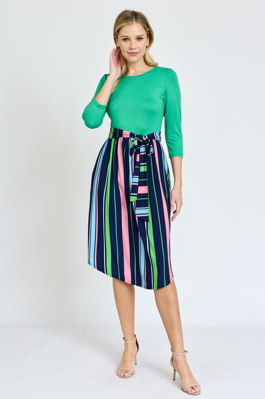 Women's Quarter Sleeve Multi Stripe Midi Dress