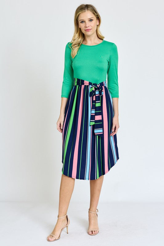 Women's Quarter Sleeve Multi Stripe Midi Dress