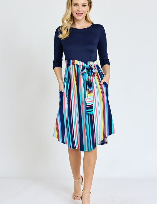 Women's Quarter Sleeve Multi Stripe Midi Dress