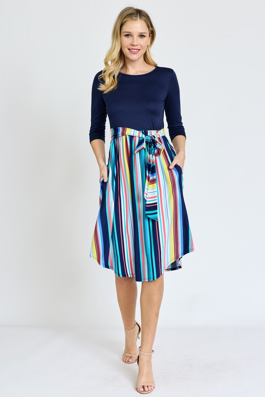 Women's Quarter Sleeve Multi Stripe Midi Dress