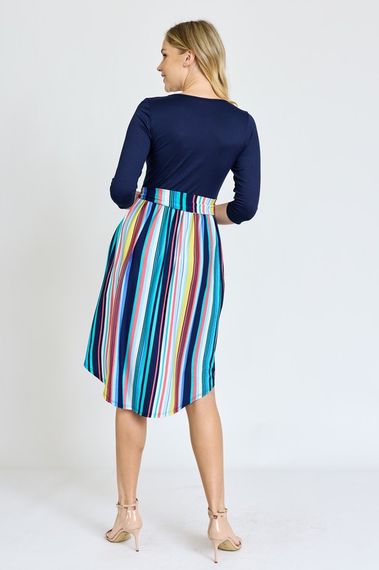 Women's Quarter Sleeve Multi Stripe Midi Dress