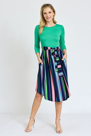 Women's Quarter Sleeve Multi Stripe Midi Dress