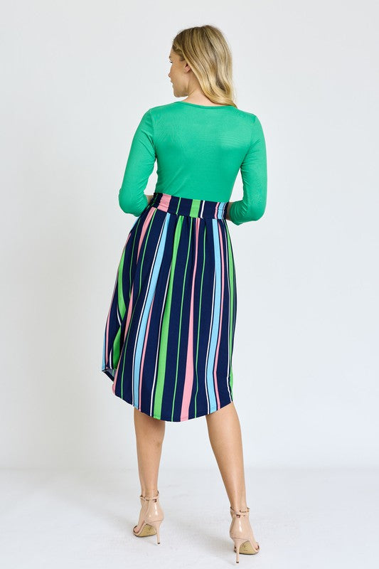 Women's Quarter Sleeve Multi Stripe Midi Dress