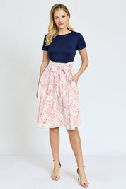 Women's Floral Sash Midi Dress with Short Sleeves