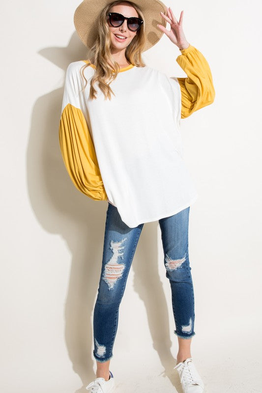 Women's Loose Fit Color Block Puff Sleeve Top