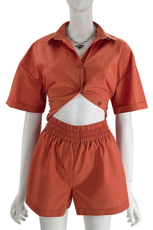 Women's Short Sleeve Button-Up Two Piece Set