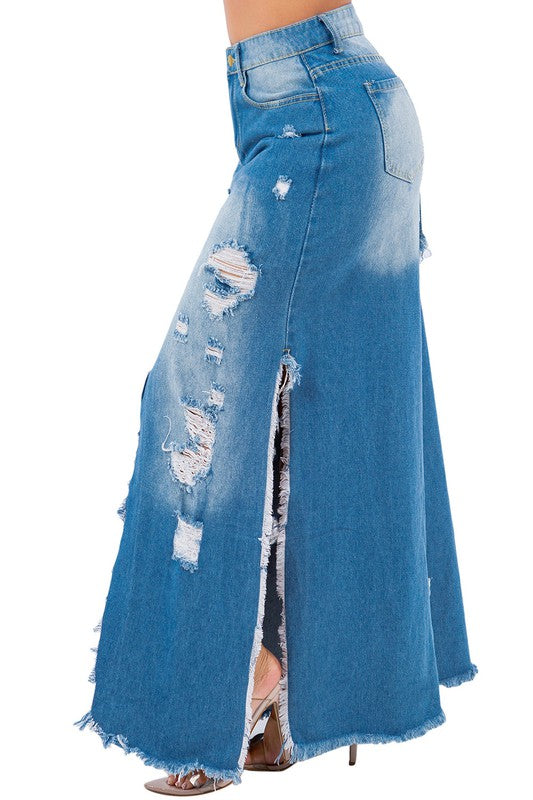 Women's Sexy Maxi Denim Skirt with Multi Cut Design