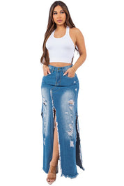 Women's Sexy Maxi Denim Skirt with Multi Cut Design