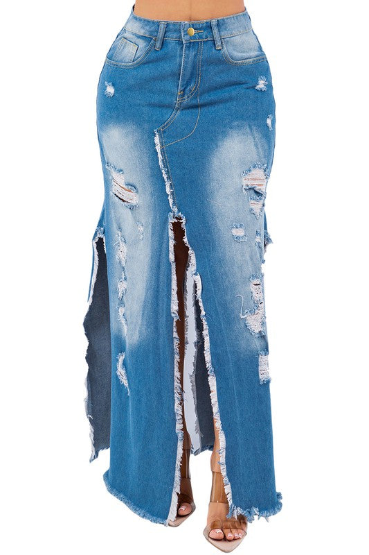 Women's Sexy Maxi Denim Skirt with Multi Cut Design