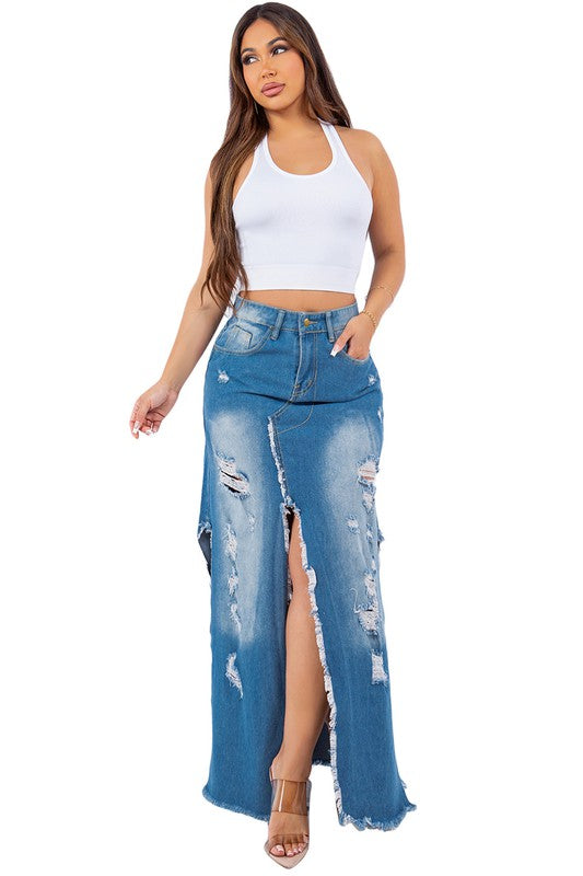 Women's Sexy Maxi Denim Skirt with Multi Cut Design