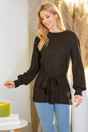 Women's Casual Ribbed Tunic with Waist Tie