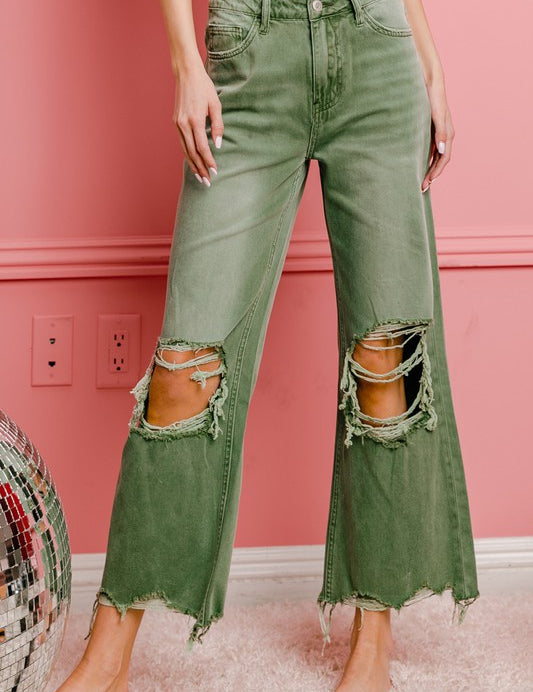 Distressed Vintage Washed Wide Leg Pants