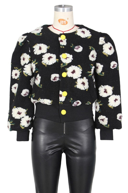 Women's Casual Woolen Jacket with 3D Flower Design