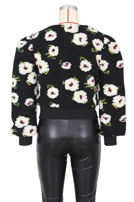 Women's Casual Woolen Jacket with 3D Flower Design