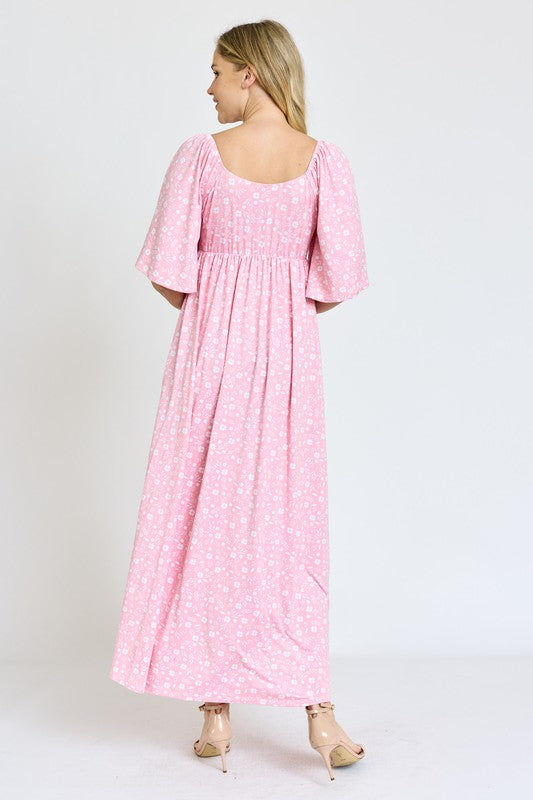 Women's Floral Angel Sleeve Front Tie Maxi Dress