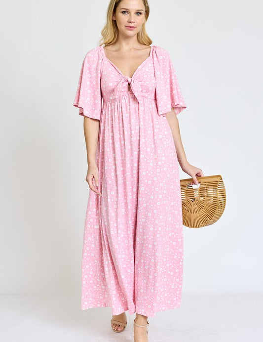 Women's Floral Angel Sleeve Front Tie Maxi Dress