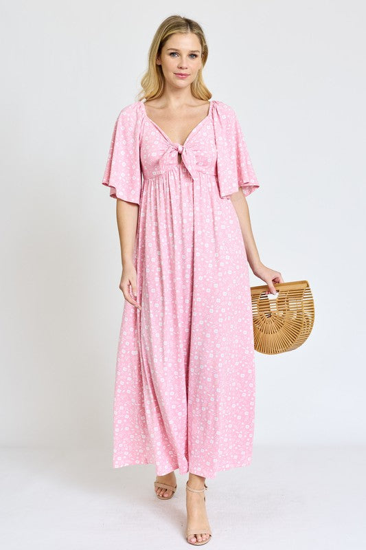 Women's Floral Angel Sleeve Front Tie Maxi Dress