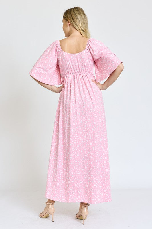 Women's Floral Angel Sleeve Front Tie Maxi Dress