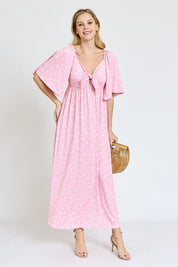 Women's Floral Angel Sleeve Front Tie Maxi Dress