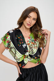 Women's Print Satin Short Sleeve Blouse