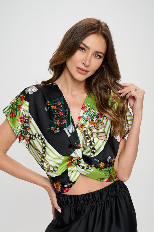 Women's Print Satin Short Sleeve Blouse